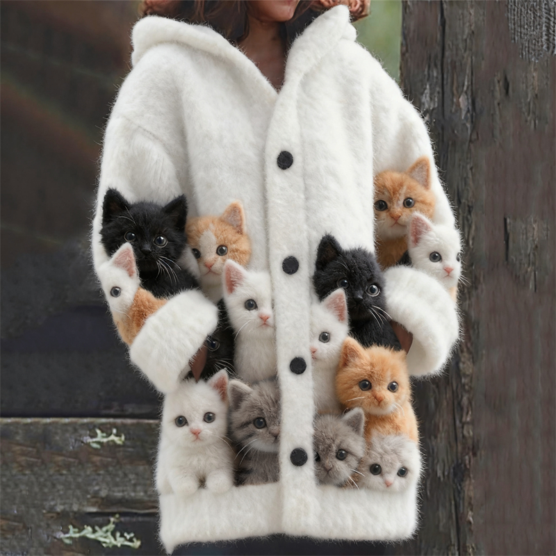 Lovely Fuzzy Cats Cozy Knit Hooded Cardigan wearshes