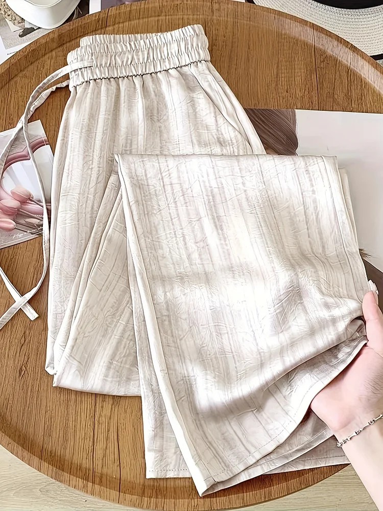 Women's Elegant Elastic Waist Pocket Comfort Draping Ice Sliky Fiber Fabric Acetate Wide Leg Straight Pants Satin Long Trouser