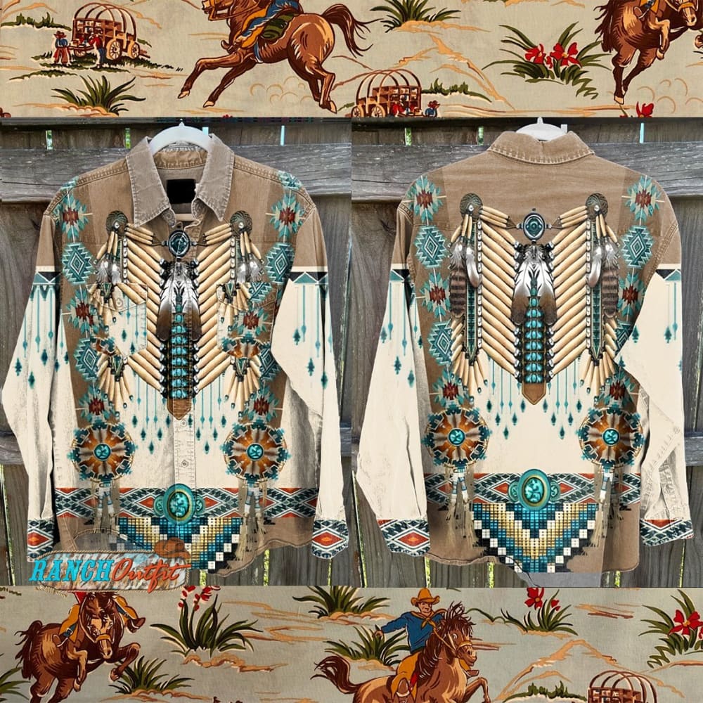 American Indian Western Shirt Vintage Stripe Print Casual Multicolor / S