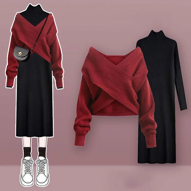 【50% OFF】Pure Color Cross Knit Sweater Dress Two Pieces Set - Modakawa Modakawa