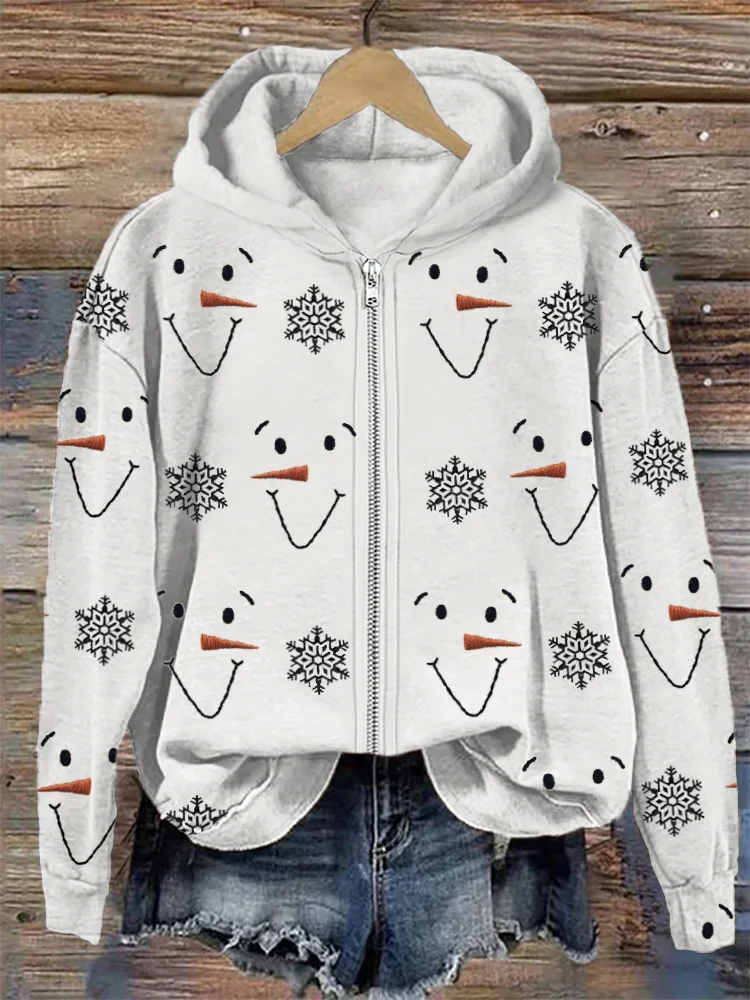 Snowman Faces & Snowflakes Embroidery Pattern Full Zip Hoodie