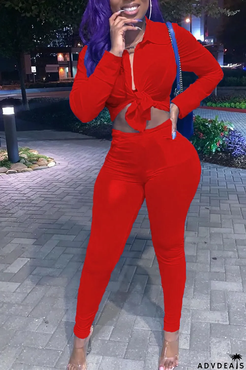 Red Polyester Sexy Solid Bandage Zippered pencil Long Sleeve Two Pieces