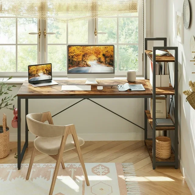 Bestier 63" Computer Desk with Adjustable Shelves, Writing Desk with Reversible Bookshelf, Rustic Brown