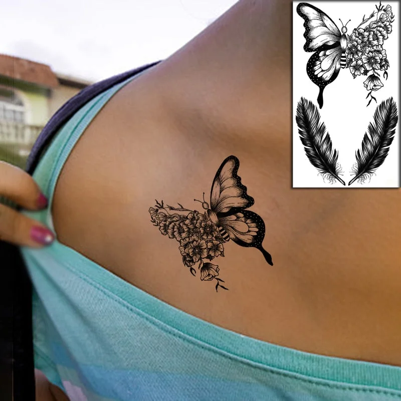Waterproof Temporary Tattoo Sticker Black Wolf Arrow Rose Butterfly Flash Tattoos Totem Line Body Art Hand Fake Tatoos Women Men