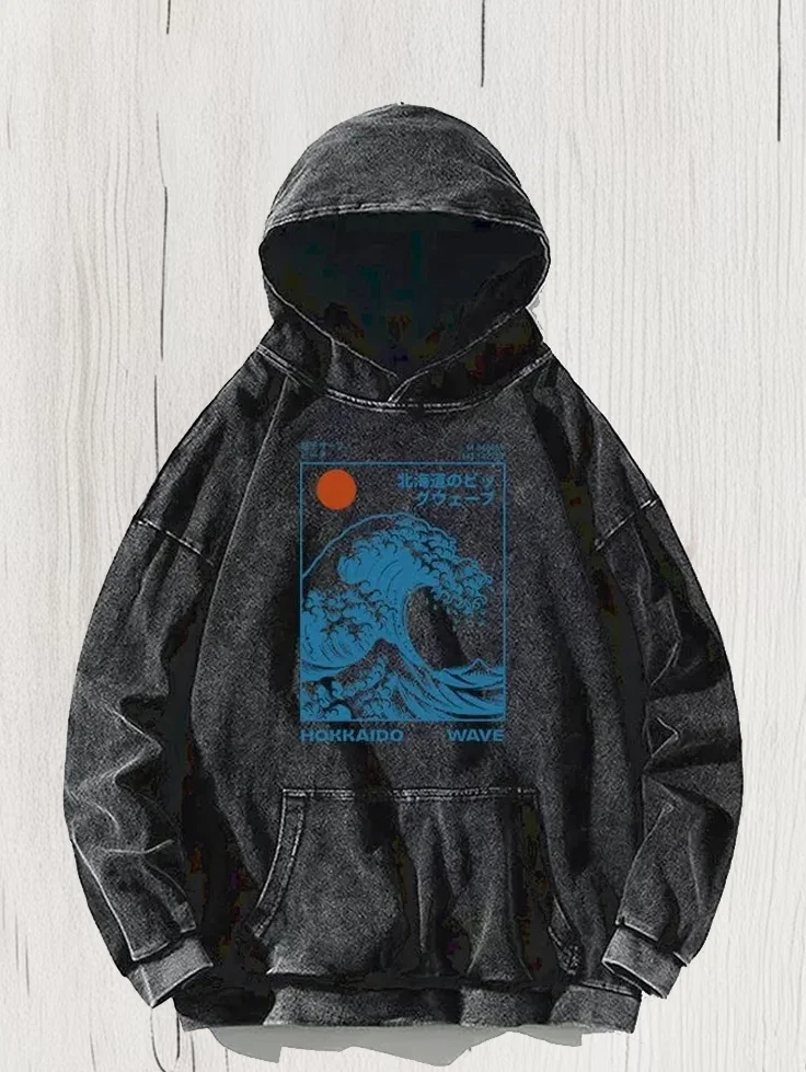 Men's The Great Wave Art Print Cotton Washed Hooded Sweatshirt