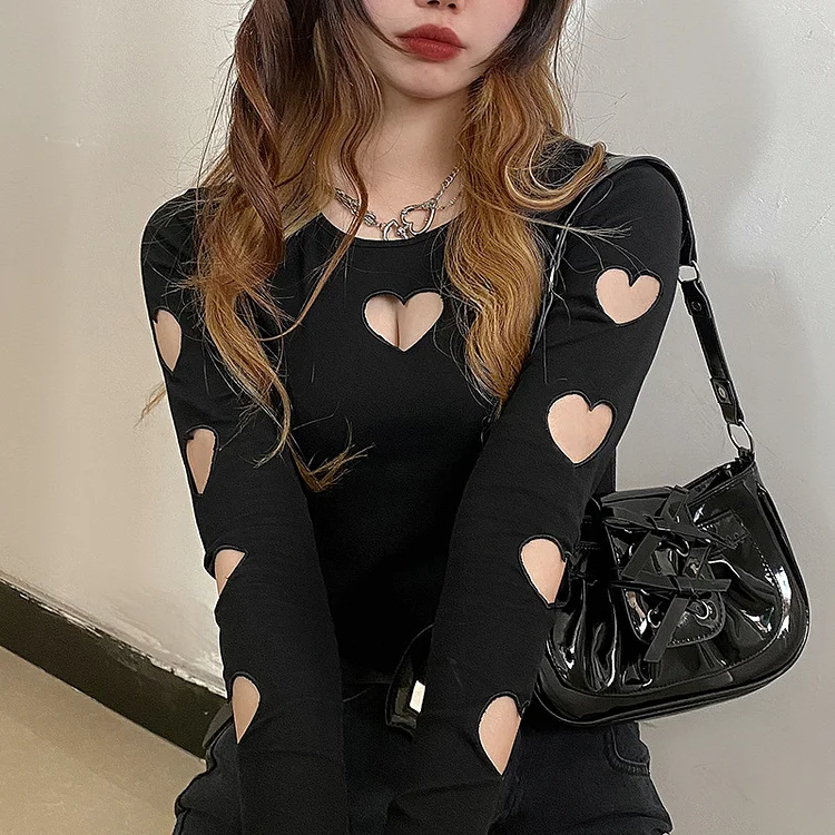 Gothic Dark Long Sleeve Heart Cutout Crew Neck Crochet Top