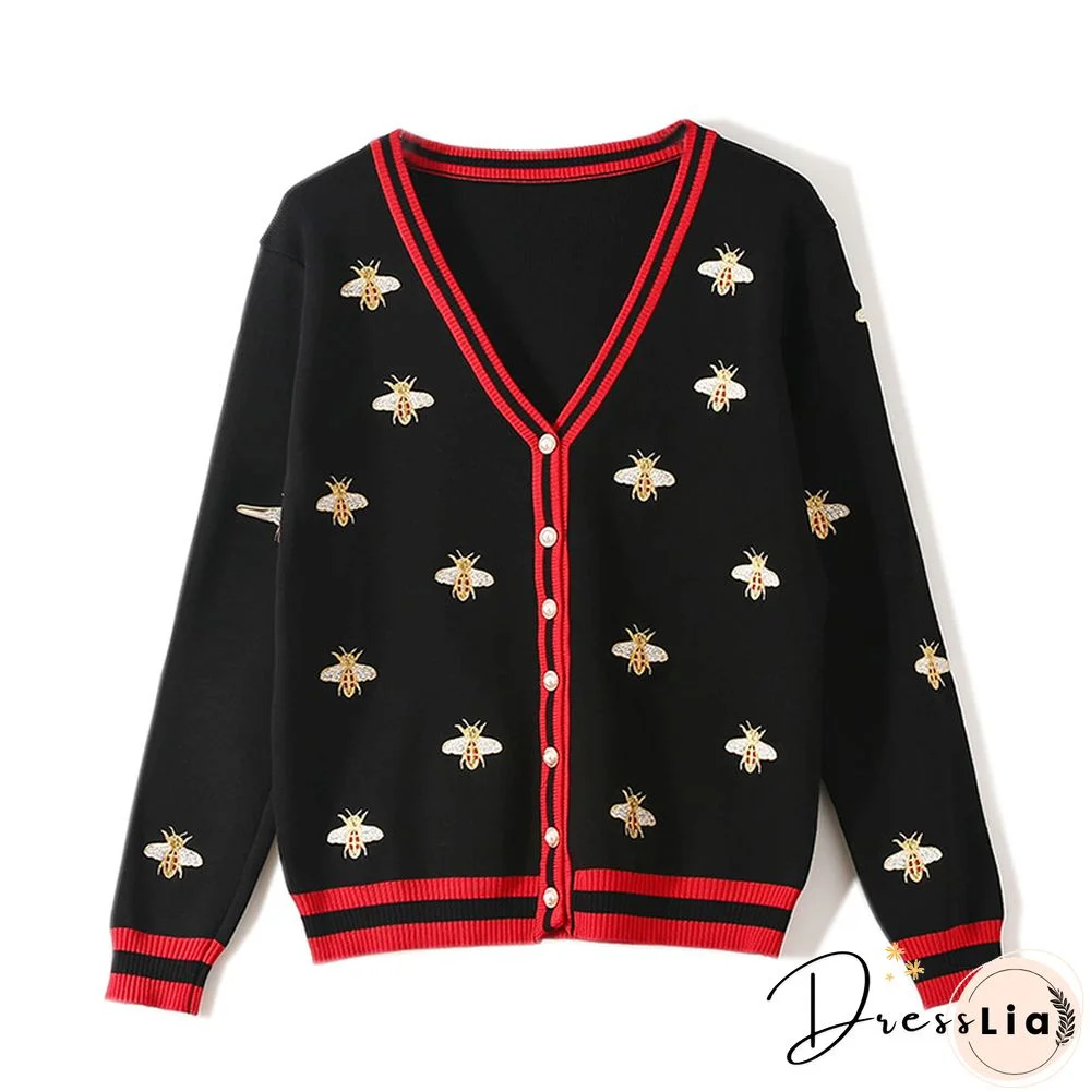 High Quality Fashion Designer Bee Embroidery Cardigan Long Sleeve Single Breasted Contrast Color Button Knitted Sweater