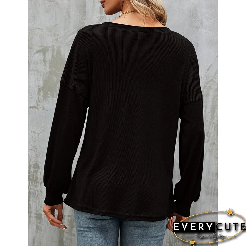 Black Button-up Drop Shoulder Puff Sleeve Tops