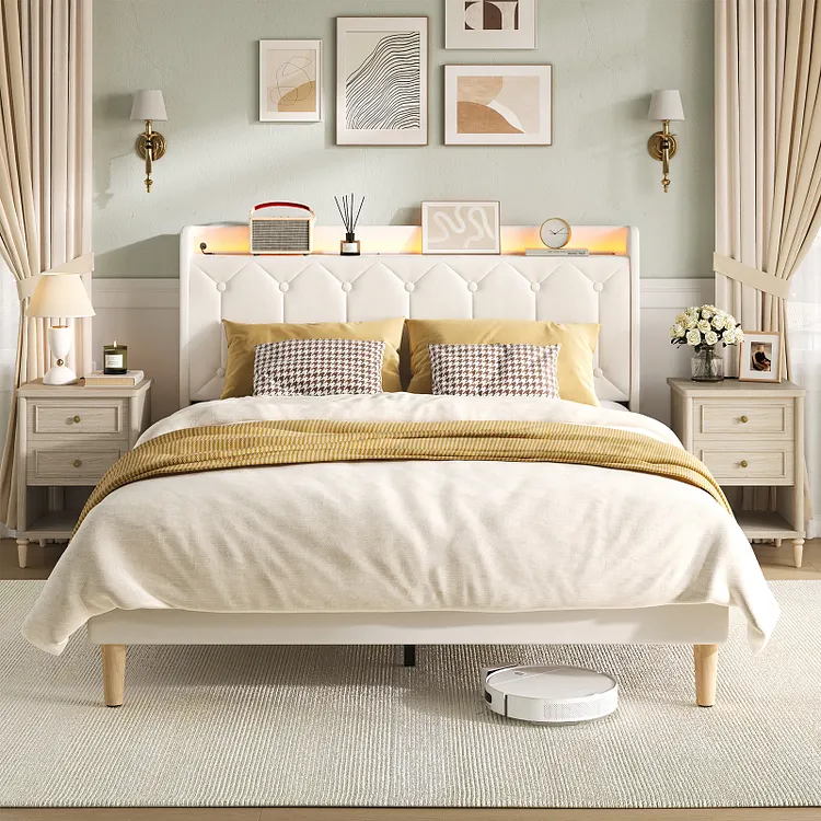 Bestier Velvet Upholstered Queen Bed Frame with Diamond-Tufted Headboard, Headboard Shelf and Warm LED Light, No Box Spring Needed, Beige