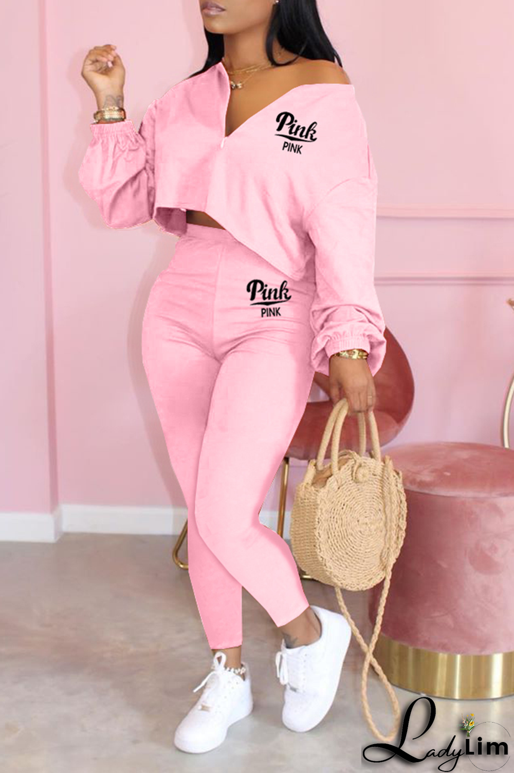 Army Green Fashion Print Patchwork V Neck Long Sleeve Two Pieces