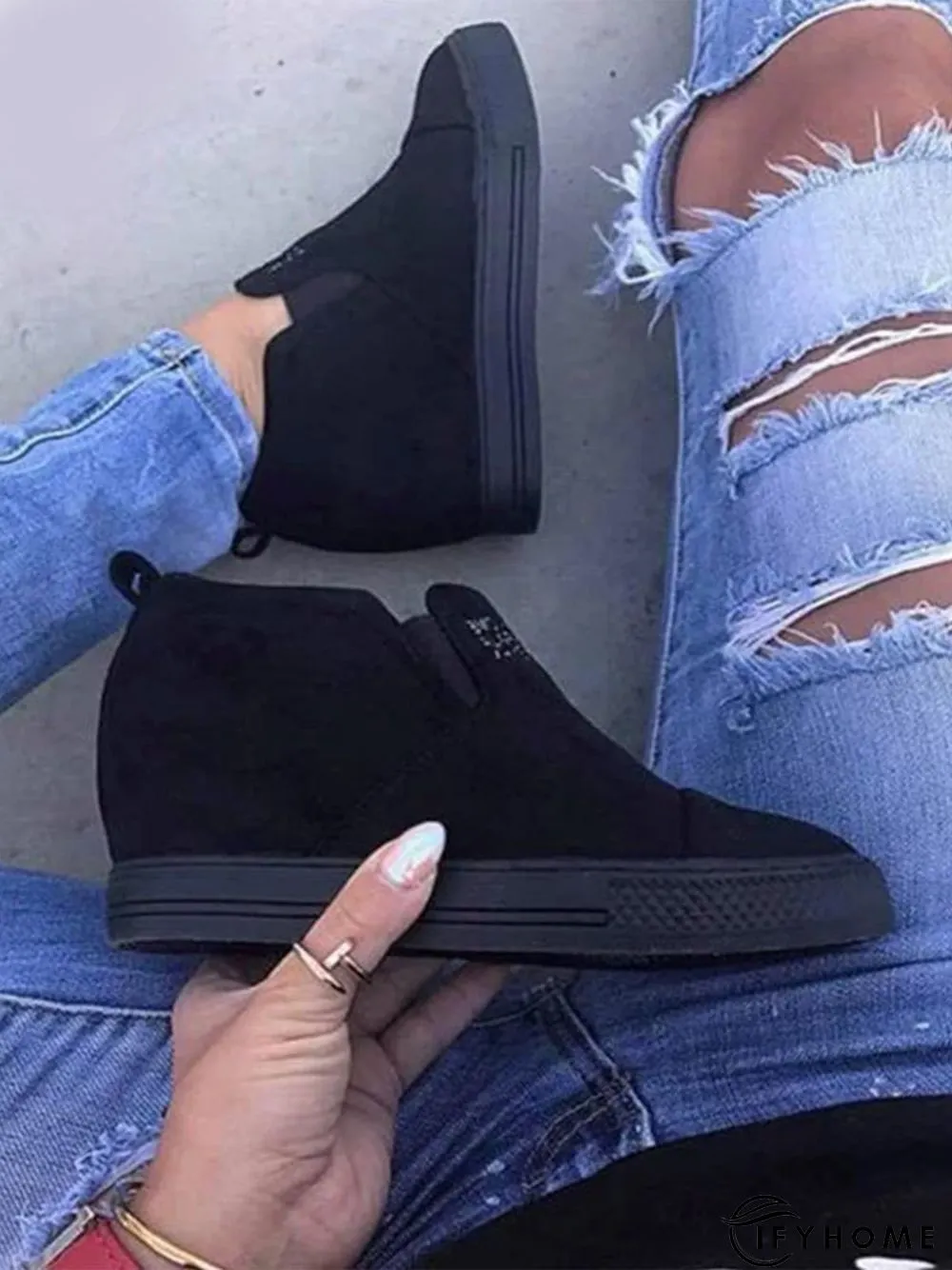 Letter Stitching Inner Heightening Round Toe Wedges | IFYHOME