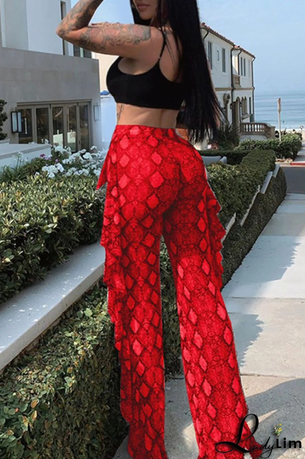 Grey Sexy Print Patchwork Flounce Straight High Waist Straight Full Print Bottoms