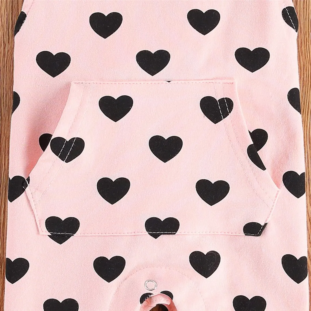 Newborn Casual Style Romper, Baby Girls Sleeveless Hearts Pattern Button Down Jumpsuit with Pocket (Pink)