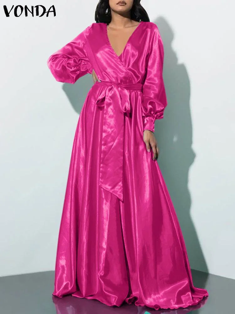 VONDA Fashion Satin Party Sundress 2022 Women Bohemian Summer Long Dress Sexy V Neck Female Solid Casual A-Line Maxi Robe Femme