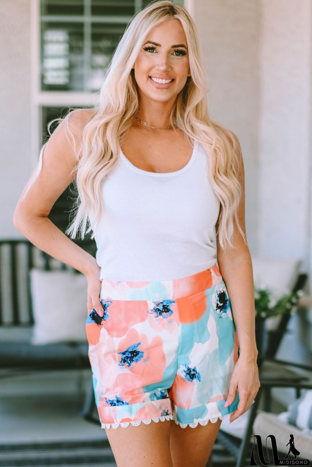 MidiSono - Printed Lace Trim Shorts with Pockets