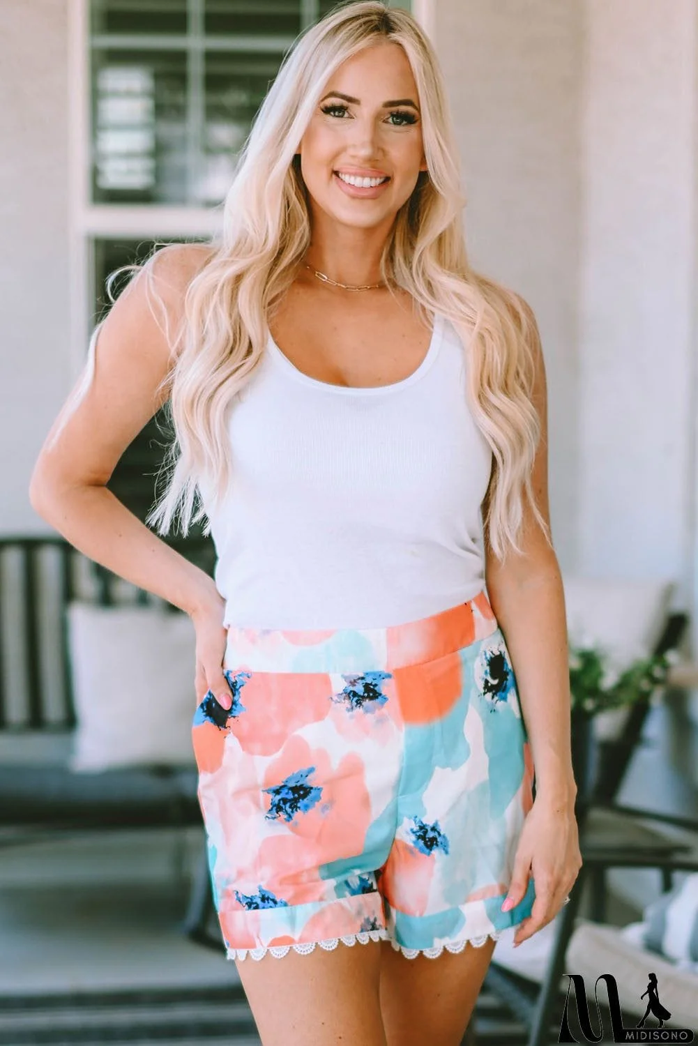 MidiSono - Printed Lace Trim Shorts with Pockets