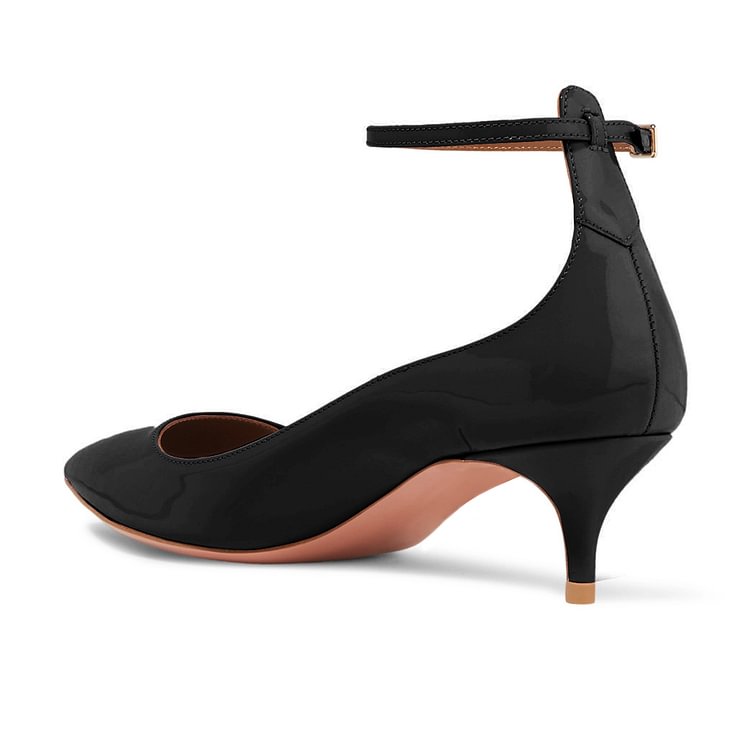 Women's Black Patent Leather Pointed Toe Ankle Strap Kitten Heels Shoes |FSJ Shoes