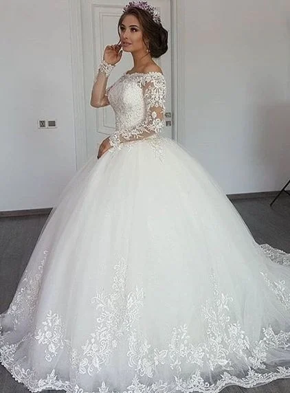 Modern Off the Shoulder Ball Gown Long Sleeves Wedding Dress With Appliques Lace | Ballbellas Ballbellas