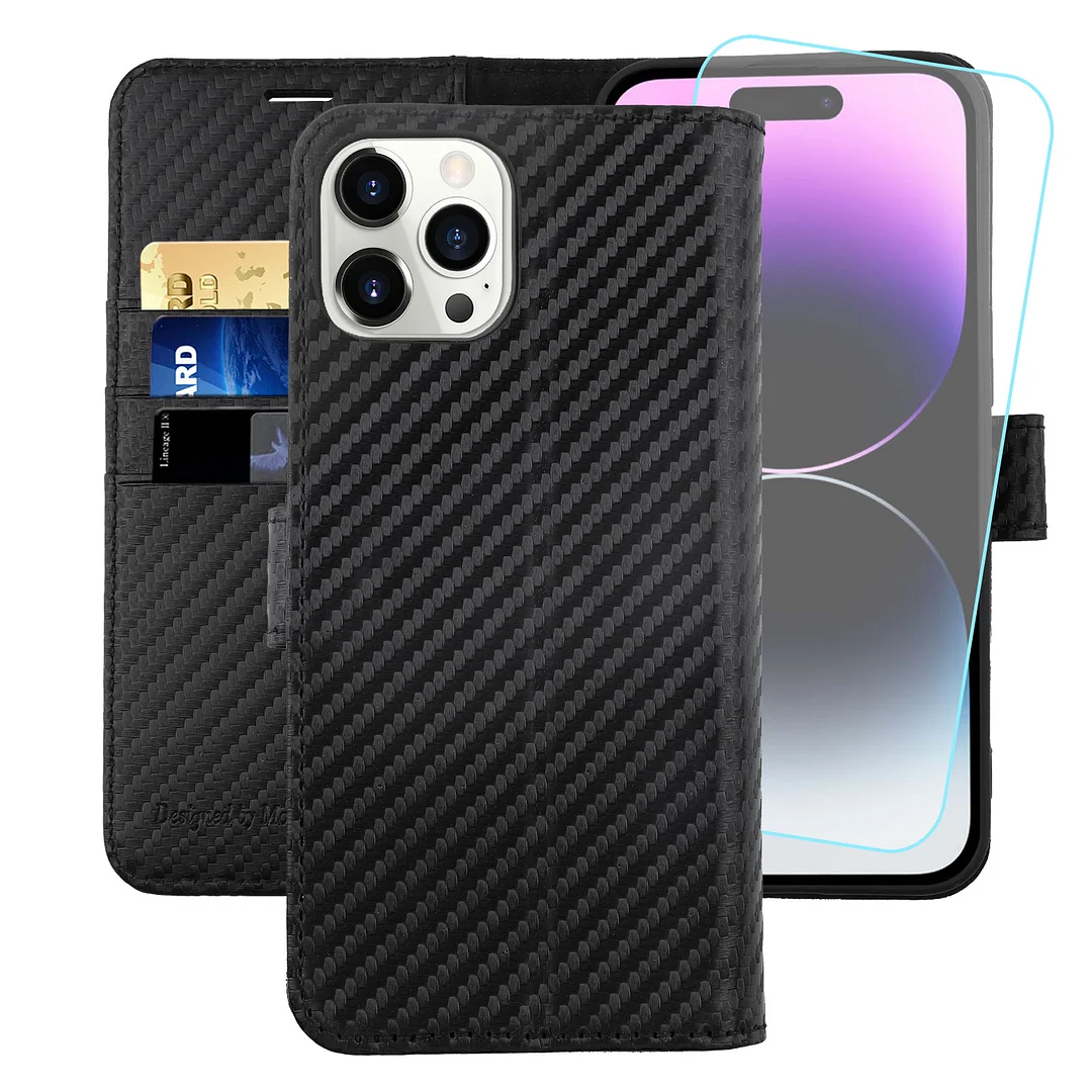 MONASAY Wallet Case for Apple iPhone 14 Pro 5G, 6.1-inch Carbon Fiber