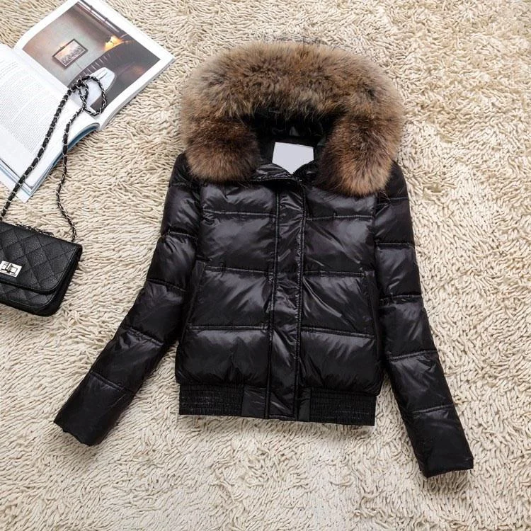 Ailegog 2020 Winter Women Real Raccoon Fur Collar White Duck Down Hooded Jacket Short Coats Female Slim Casual Down Outerwear