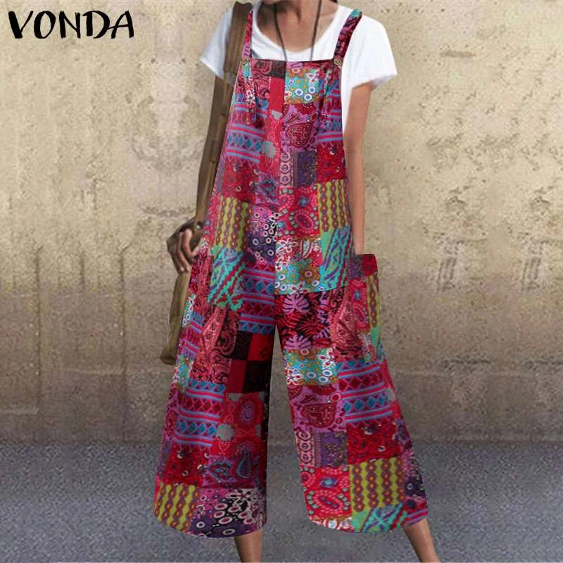 VONDA Loose Rompers 2022 Women Sexy Sleeveless Casual Wide Leg Jumpsuits  Vintage Printed Beach Overalls Femme Pants