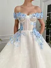 White Ethereal Bluebell 3D Flower Ball Gown Off The Shoulder A Line Princess Prom Dress Organza Tulle Floor Length Formal Corset Bodice