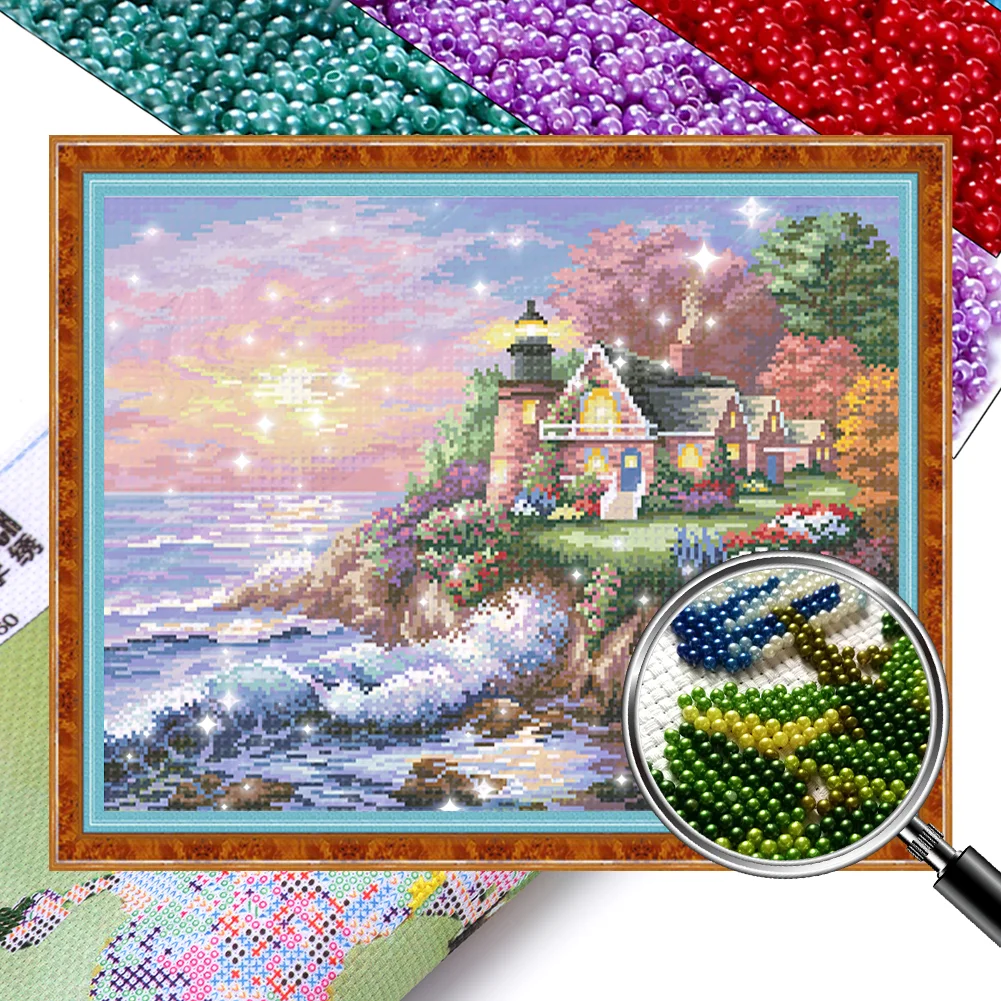 Large on sale beaded cross stitch picture kit winter landscape pattern, DIY Bead embroidery kit