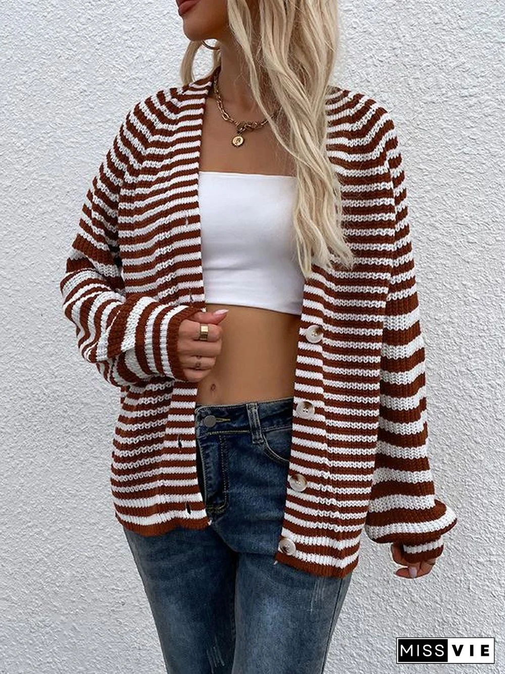 Women's Long Sleeve Striped Printed Sweater Top