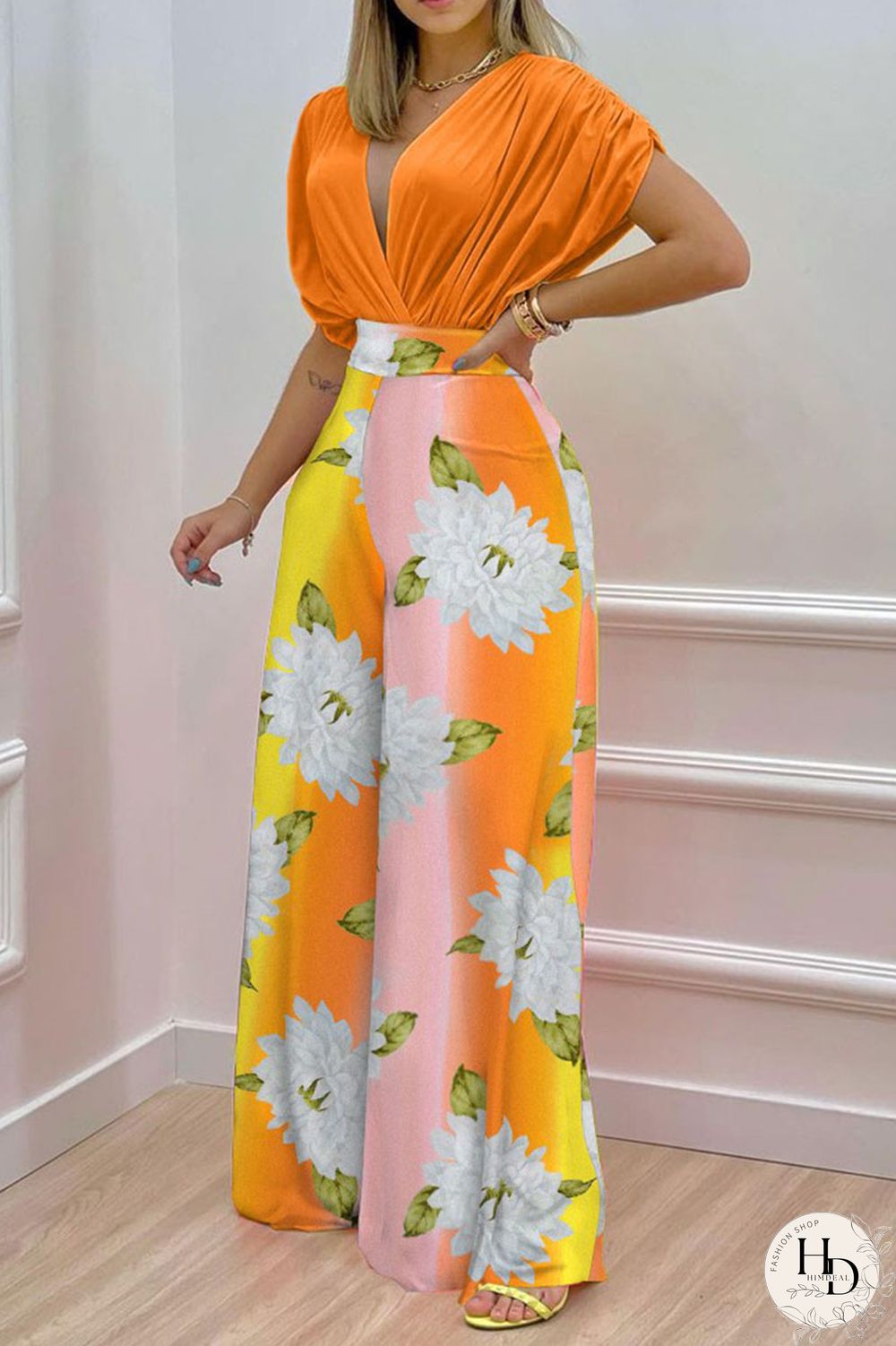 Yellow Sexy Print Split Joint Fold V Neck Short Sleeve Two Pieces