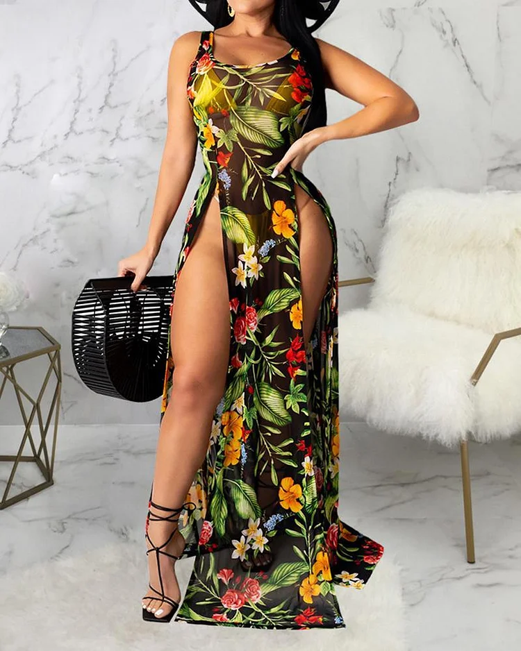Chiffon Print Slit Sleeveless Long Dress