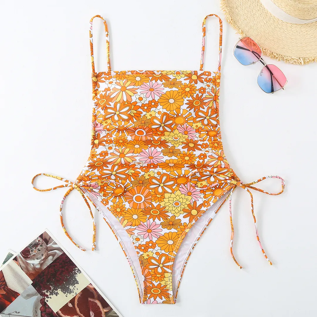 Churchf 2025 New Swimsuit Print Holiday Style Drawstring Skinny Sexy Bikini Swimsuit