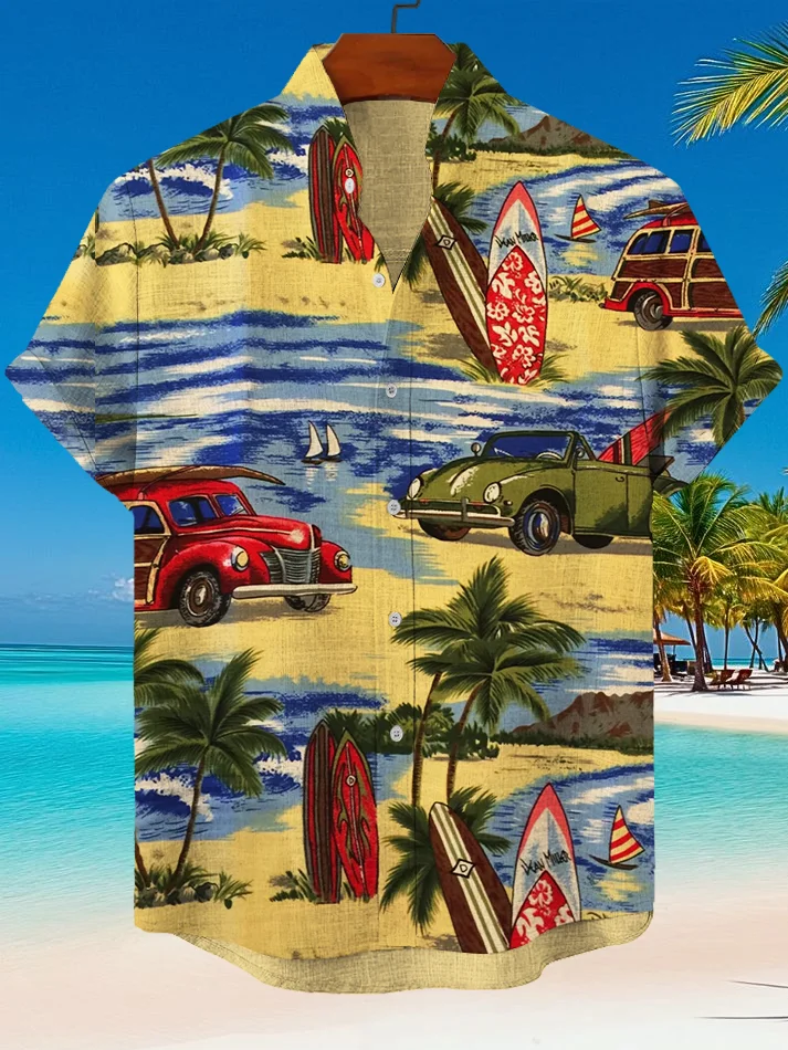 Men's Hawaii Surfing Cars Vacation Art Print Casual Shirt