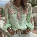 Women's Vintage Pink Rose Embroidery Art Round Neck Long Sleeve Linen Blend T-shirt - Image 6