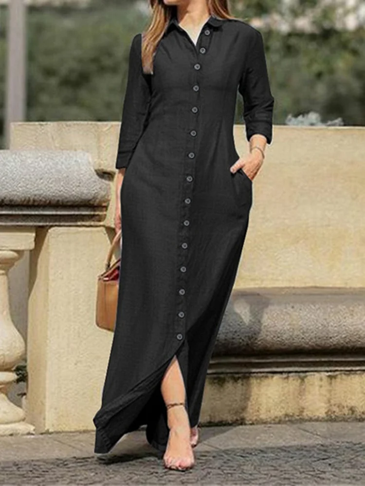 Casual Turndown Collar Single Breasted Pocket Solid Maxi Dress