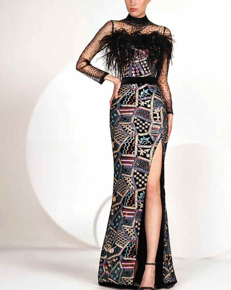 Elegant feather jacquard gown