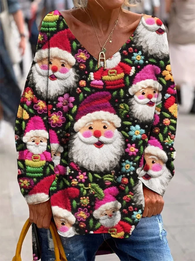 Women's Santa Claus Floral Print Cashmere V-Neck Top