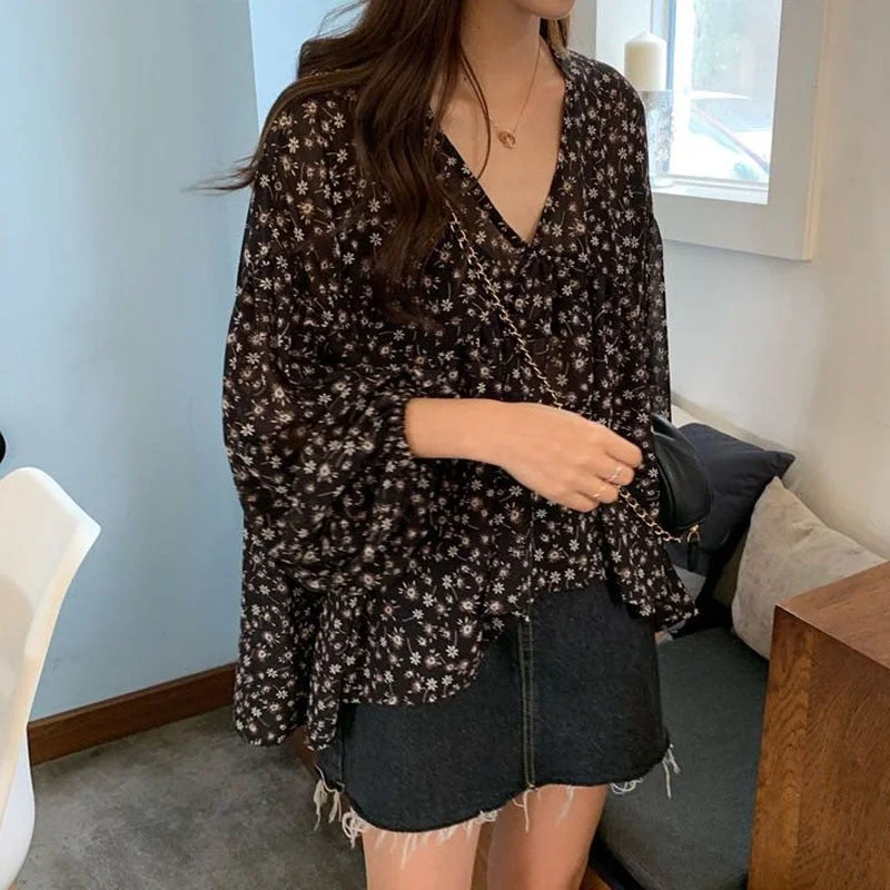 V-neck Chiffon Shirt Women Sweet Tops Blouse 2022 Spring New Korean Floral Print Long Sleeve Casual Loose Slim Lady Clothes 9307