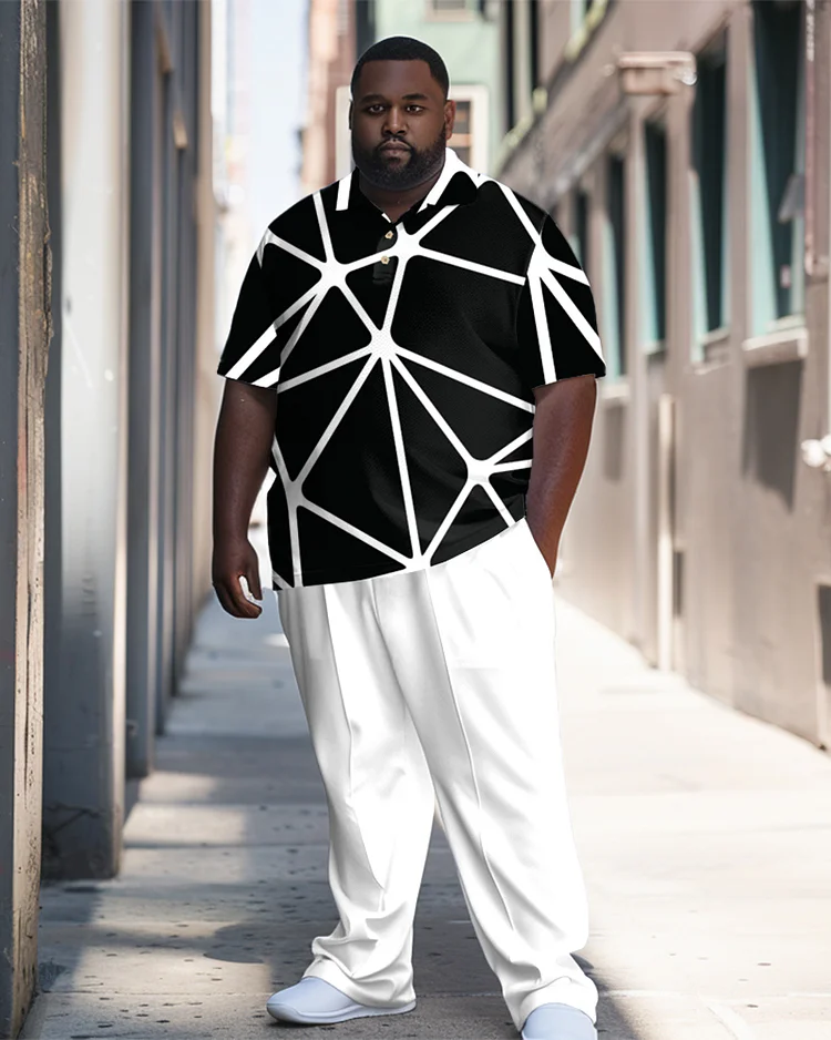 Men's Plus Size Black Geometry Polo Shirt Trousers Suit
