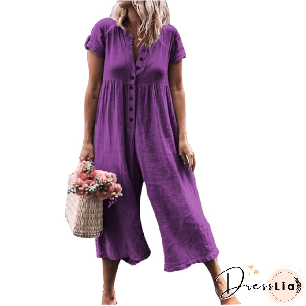 Women V Neck Short Sleeve Button Down Wide Leg Jumpsuits Rompers