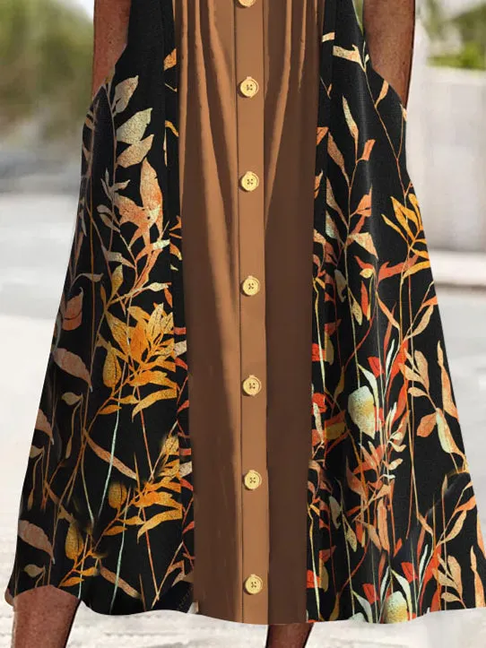 Women's Half Sleeve Scoop Neck Graphic Floral Printed Pockets Midi Dress