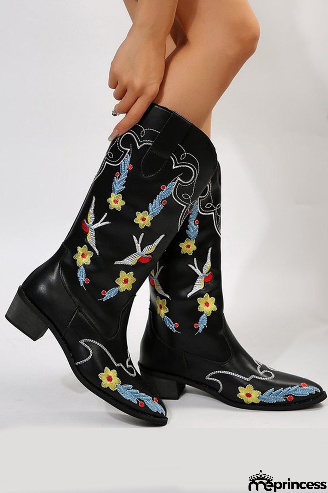 Floral Embroidery Square Toe Knee High Boots