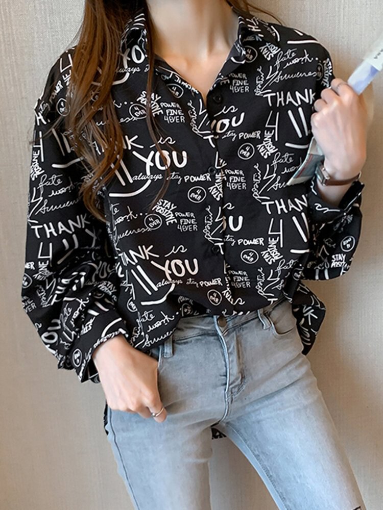 Casual Letters Print Button Long Sleeve Turn down Collar Blouse P1784894