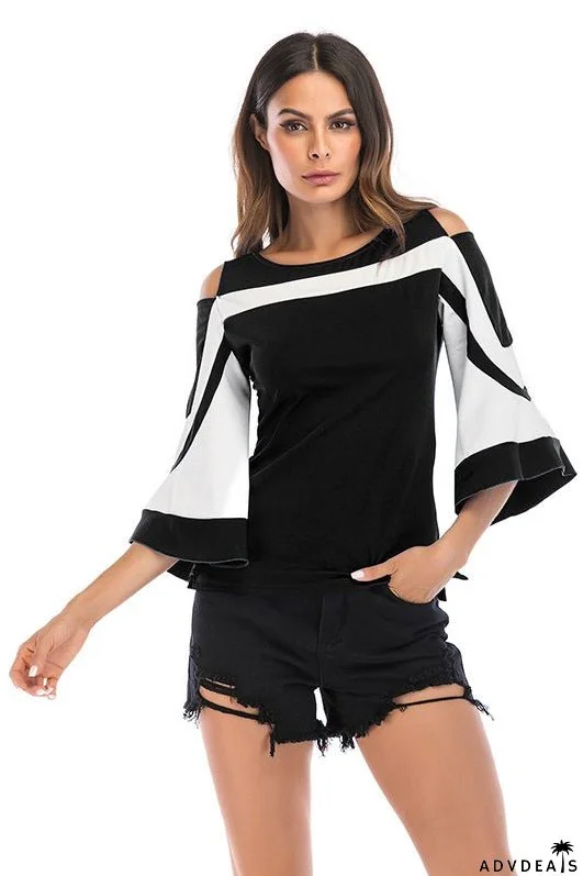 Vintage Color-block Cutout Blouse With Trumpet Sleeves