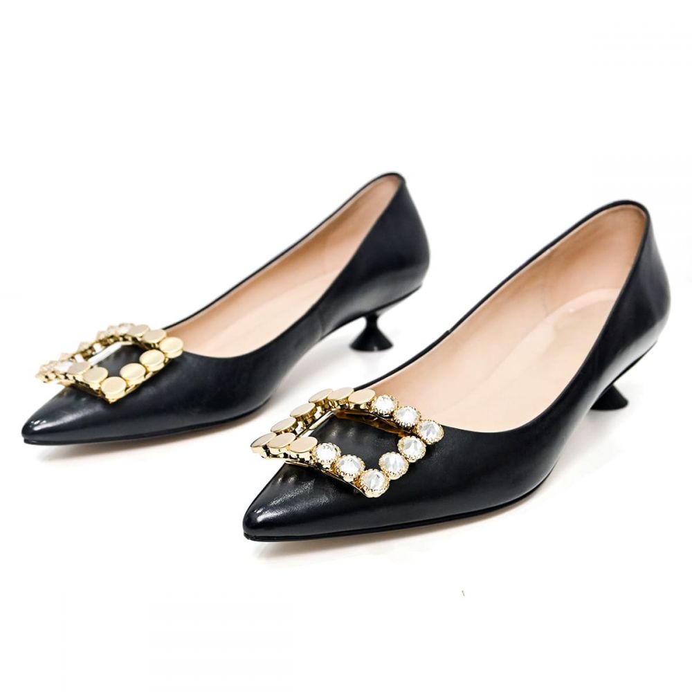 Black Leather Pointed Toe Low Heel Pumps with Rhinestone Buckle Nicepairs