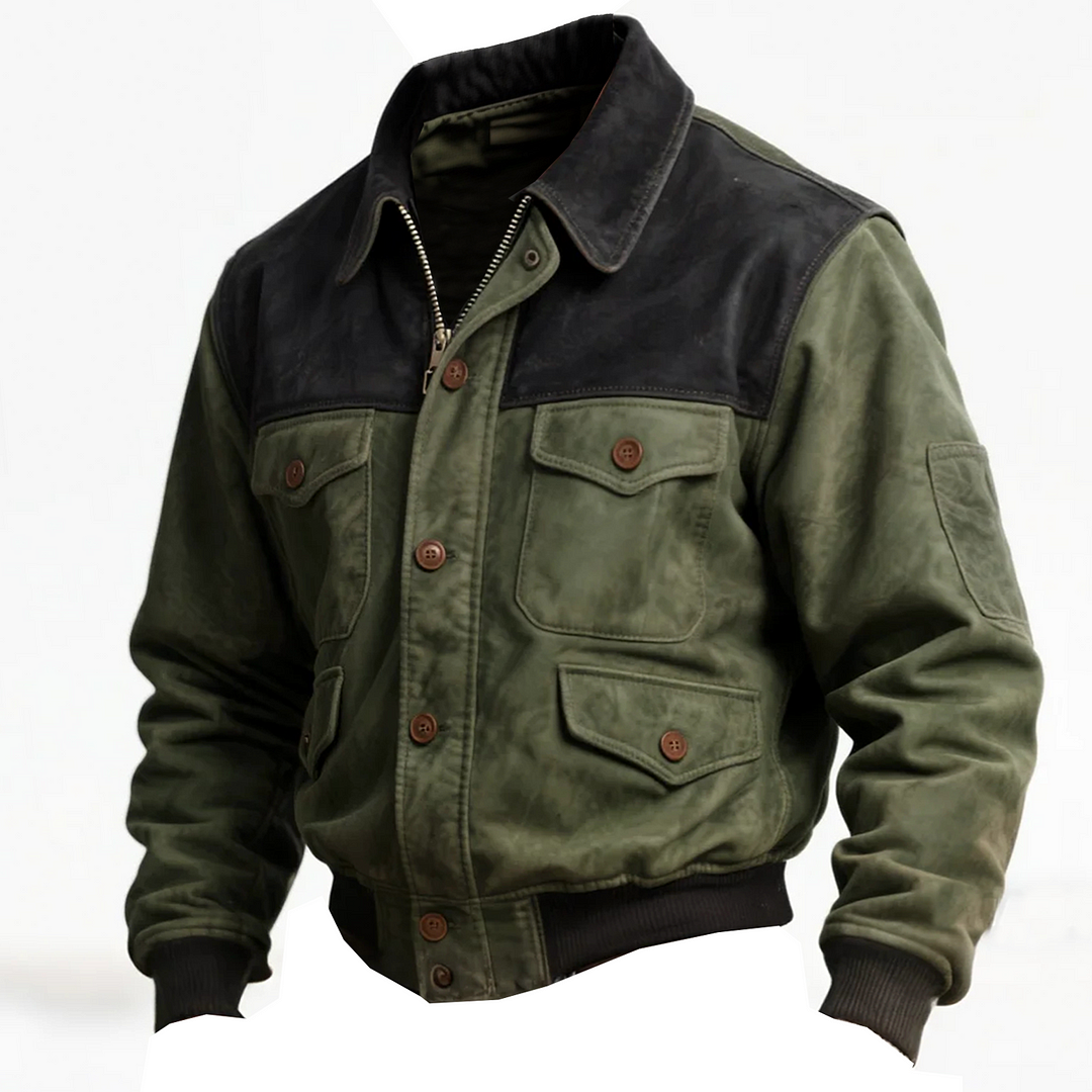 Men's Vintage Green And Black Suede Leather-Trimmed Jacket
