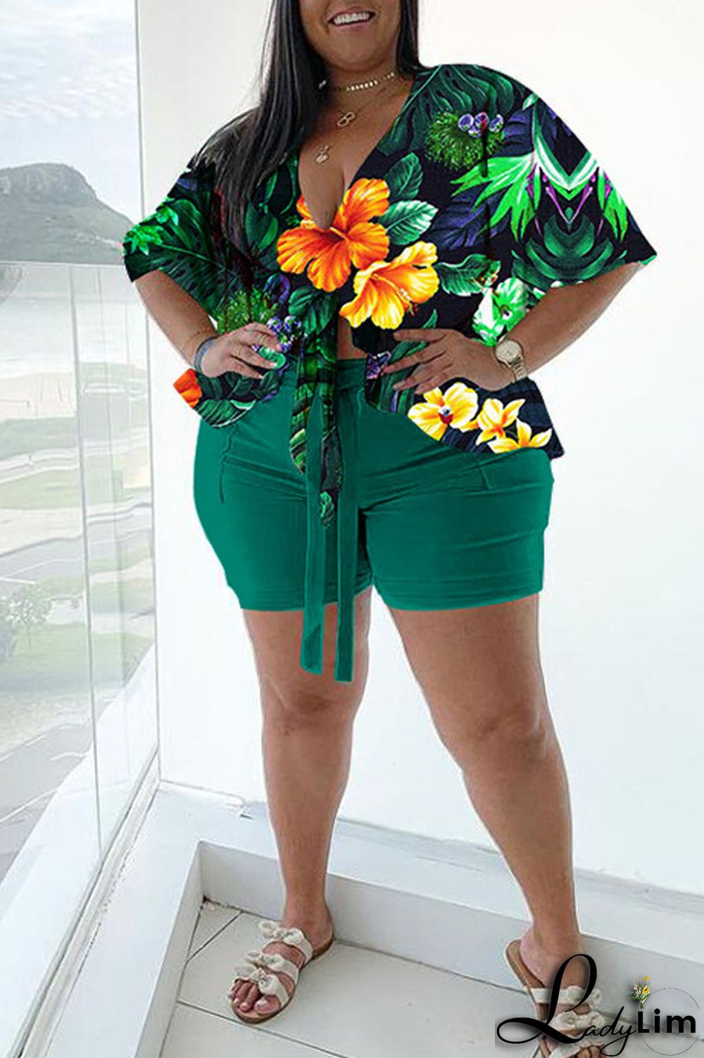 Green Casual Print Bandage Split Joint V Neck Plus Size Two Pieces