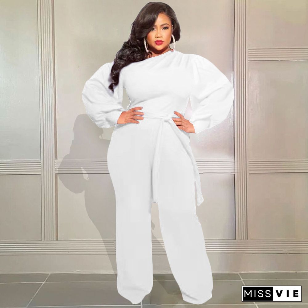 Long Sleeve Lace Up Plus Size Wide Leg Jumpsuits