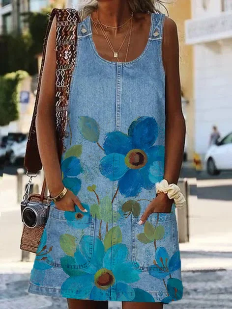 Women’s Dresses Leopard Floral Denim Mini Dress