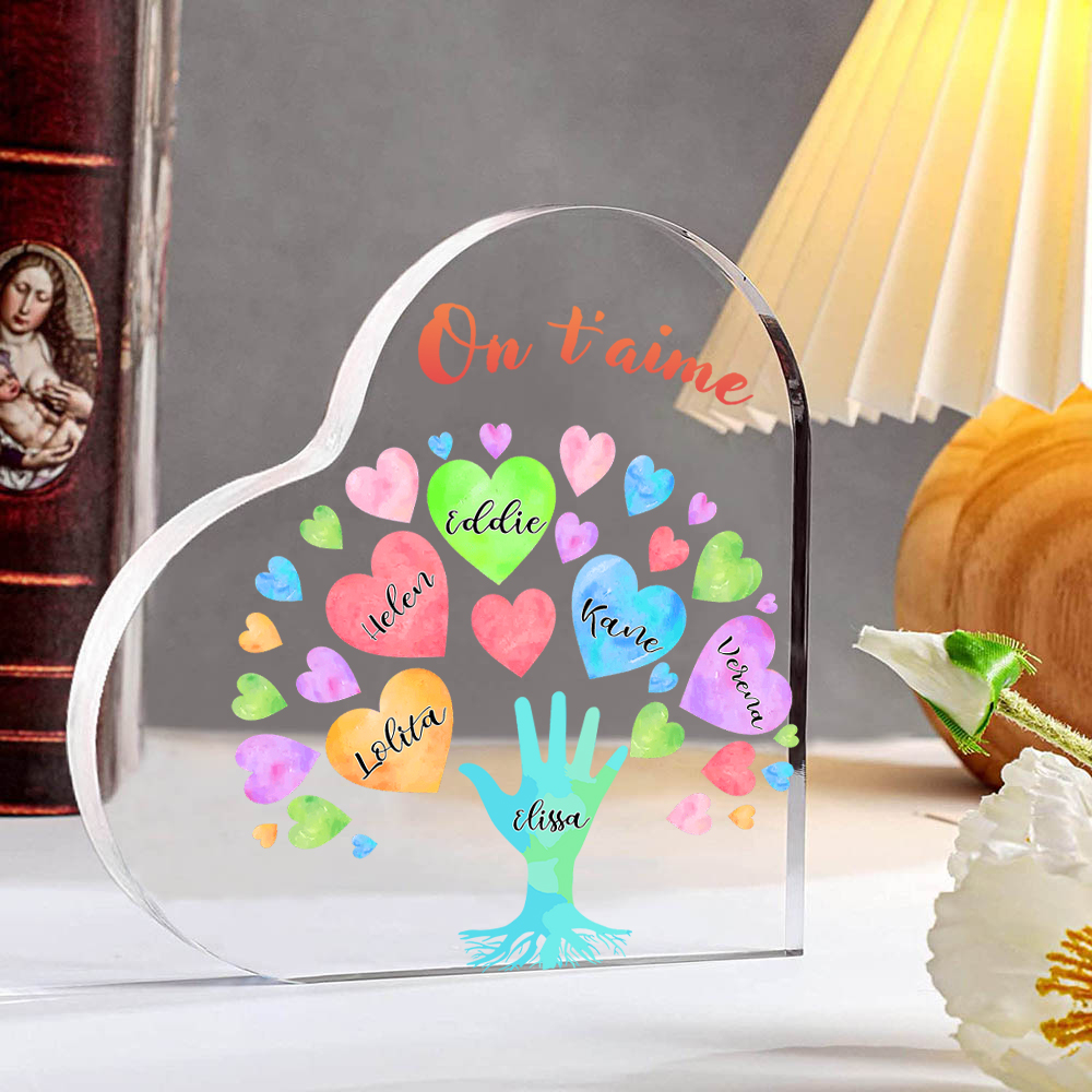 Plaque Acrylique en Forme de Cœur 6 Prénoms Personnalisés avec Texte pour Famille
