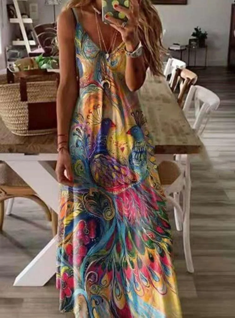 Colorful Peacock Flower Print  Dress